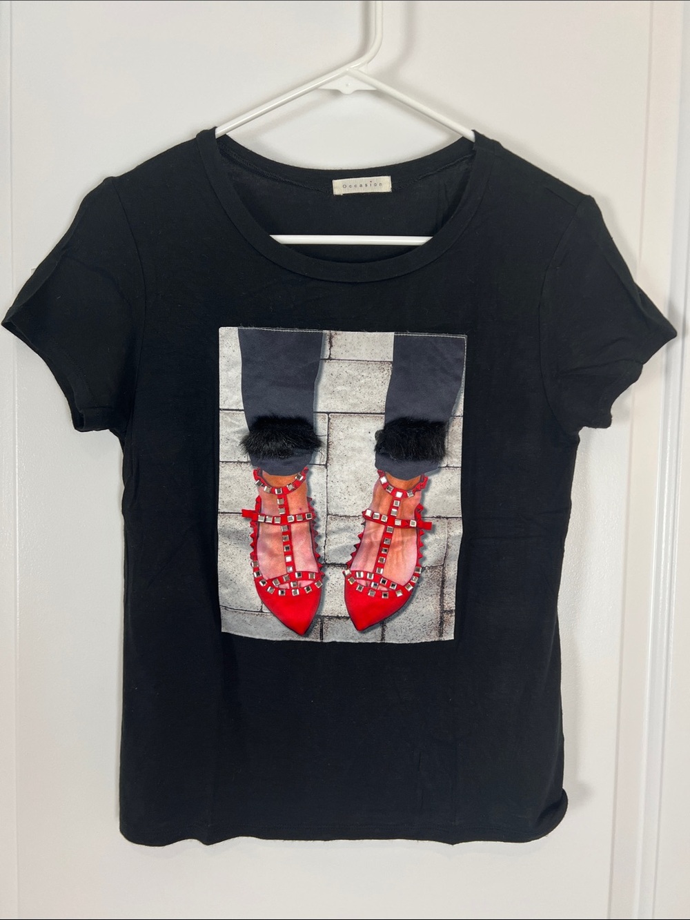 Occasion Black Tee with Red Studded Heel Graphic